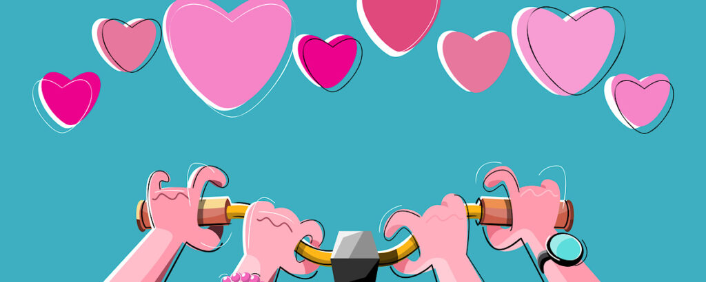happy couple riding the same bicycle. Love success concept. Flat vector design illustration