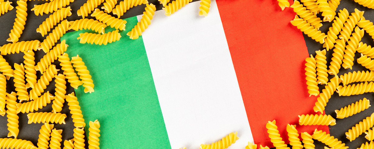 noodles with an Italy flag on a black background