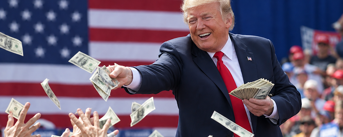 Trump che distribuisce dollari